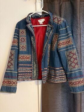Coldwater Creek Blue Denim Jacket with Red Embroidery